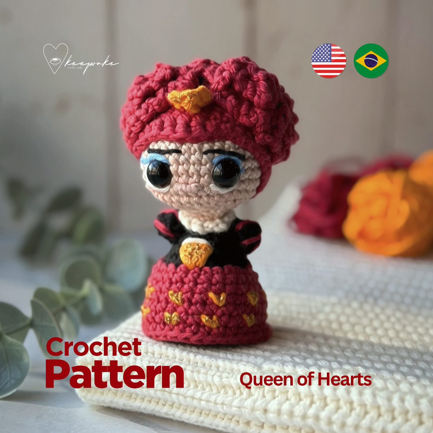 Queen of Hearts Amigurumi Crochet Pattern (PDF) English & Portuguese